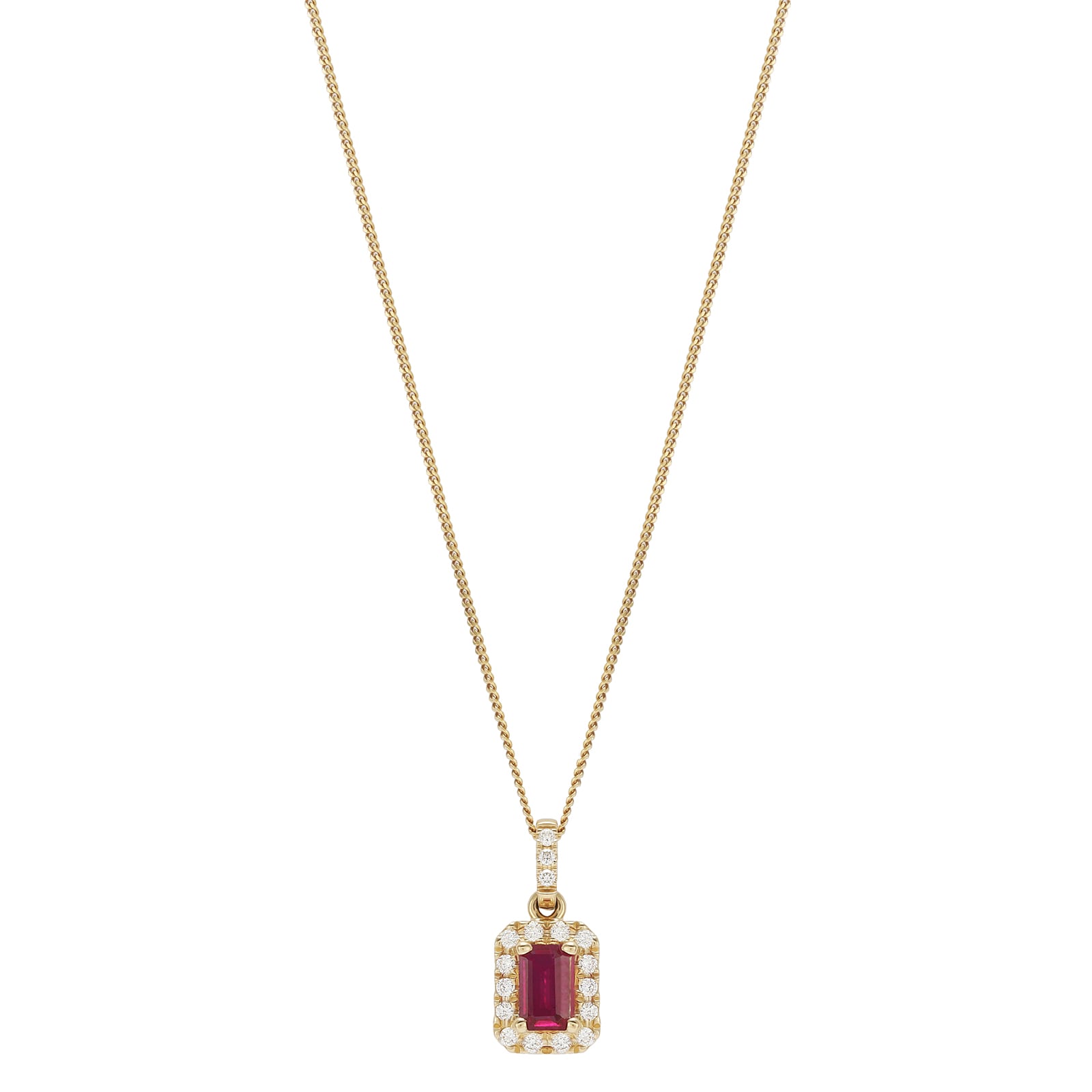 Goldsmiths 9ct Yellow Gold Emerald Cut Ruby & Diamond Halo Pendant
