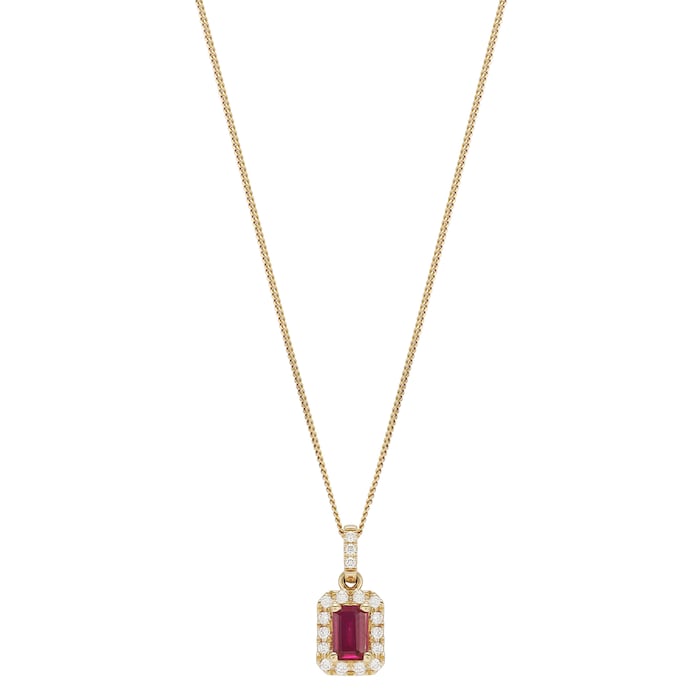 Goldsmiths 9ct Yellow Gold Emerald Cut Ruby & Diamond Halo Pendant