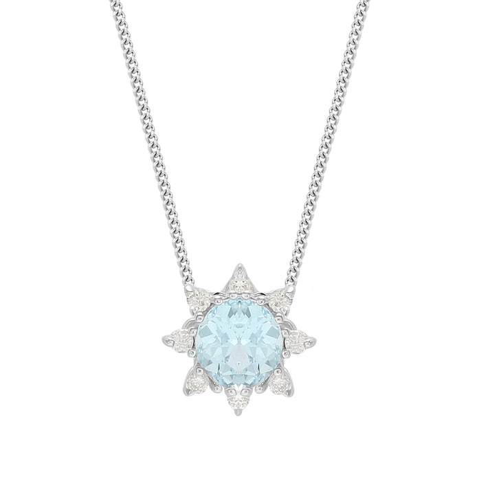 Goldsmiths 9ct White Gold Blue Topaz & Diamond Flower Halo Pendant