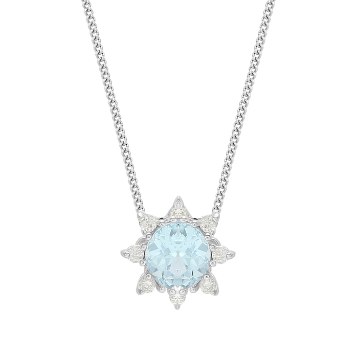 Goldsmiths 9ct White Gold Blue Topaz & Diamond Flower Halo Pendant