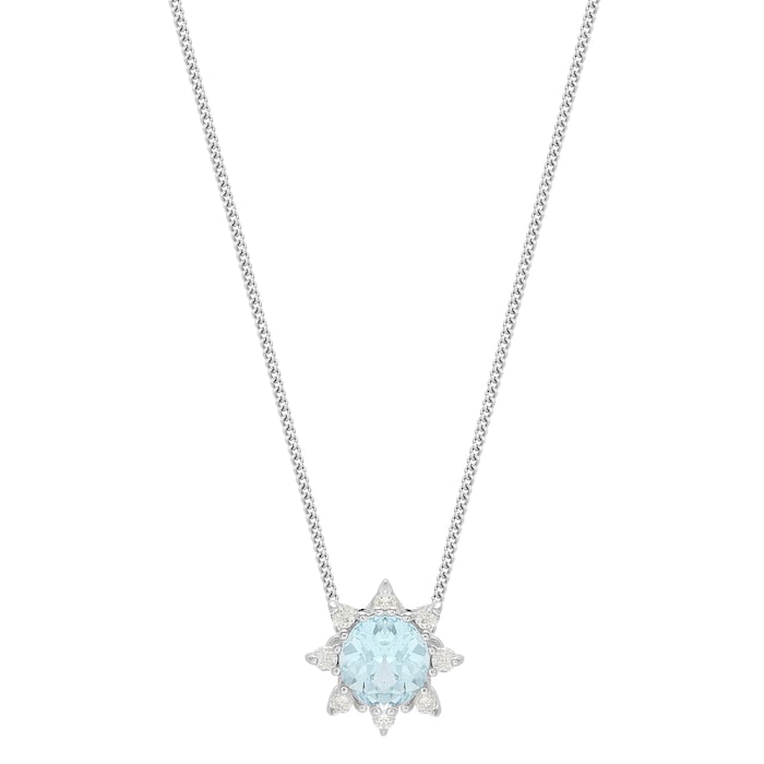 Goldsmiths 9ct White Gold Blue Topaz & Diamond Flower Halo Pendant