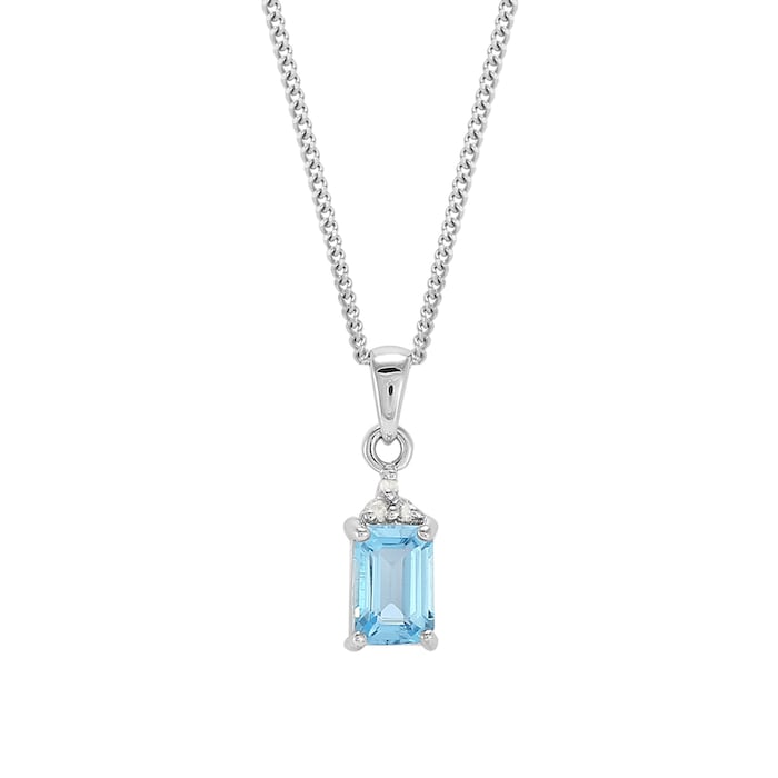 Goldsmiths 9ct White Gold Blue Topaz & Diamond Emerald Cut Pendant