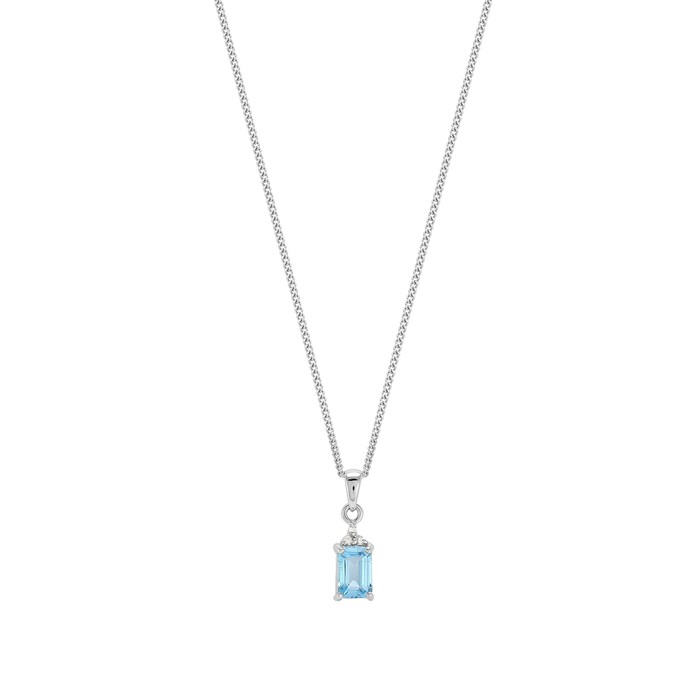 Goldsmiths 9ct White Gold Blue Topaz & Diamond Emerald Cut Pendant