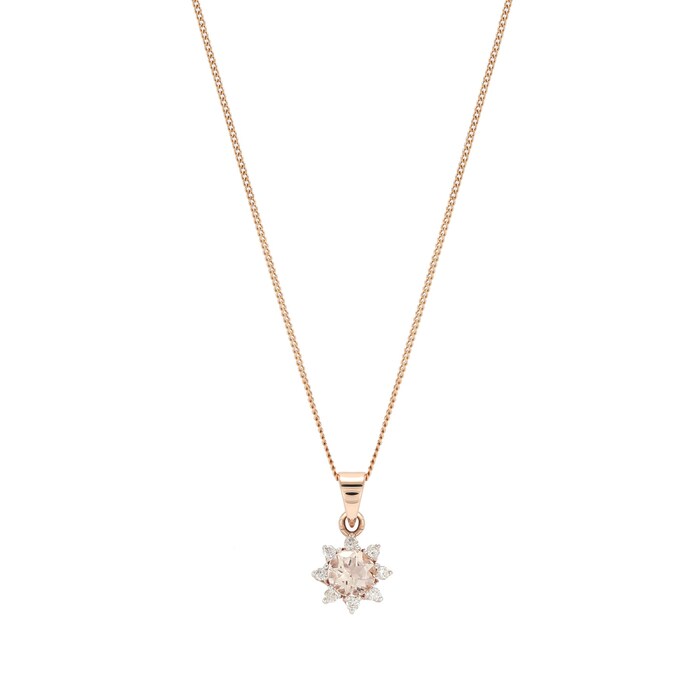 Goldsmiths 9ct Rose Gold Morganite & Diamond Flower Pendant