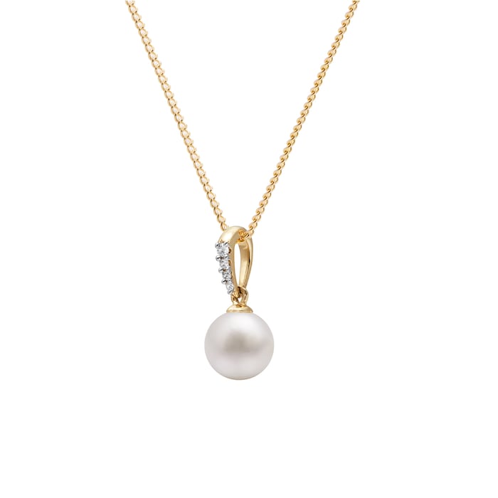 Goldsmiths 9ct Yellow Gold Cultured Fresh Water Pearl & Diamond Drop Pendant