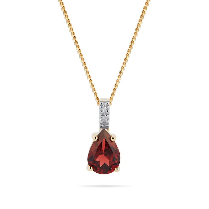 Goldsmiths 9ct Yellow Gold Garnet Diamond Pear Pendant