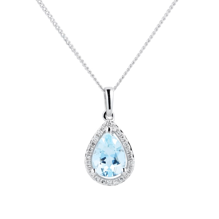 Goldsmiths 9ct White Gold Aquamarine & Diamond 0.072ct Pear Pendant