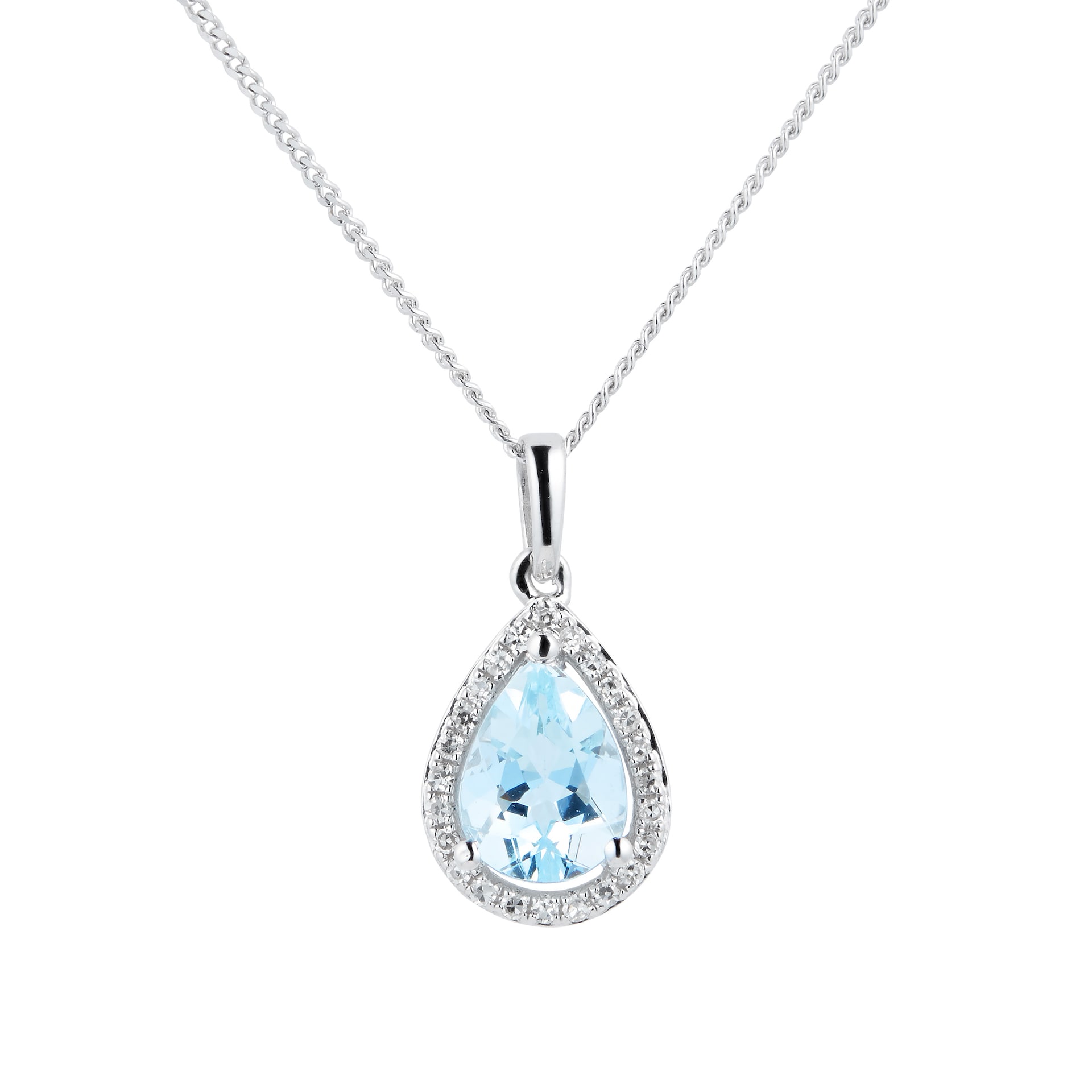 Goldsmiths 9ct White Gold Aquamarine & Diamond 0.072ct Pear Pendant