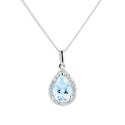12143246 - 9ct White Gold Aquamarine & Diamond 0.072ct Pear Pendant