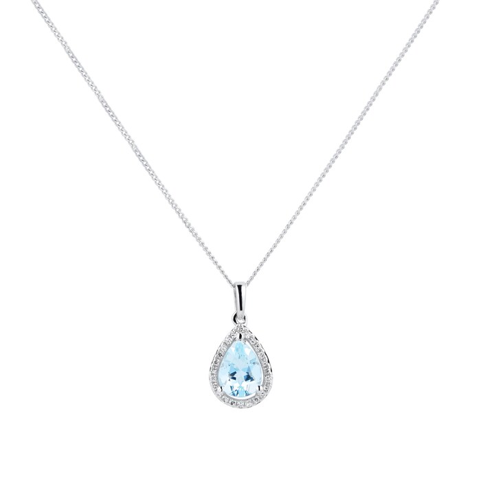 Goldsmiths 9ct White Gold Aquamarine & Diamond 0.072ct Pear Pendant