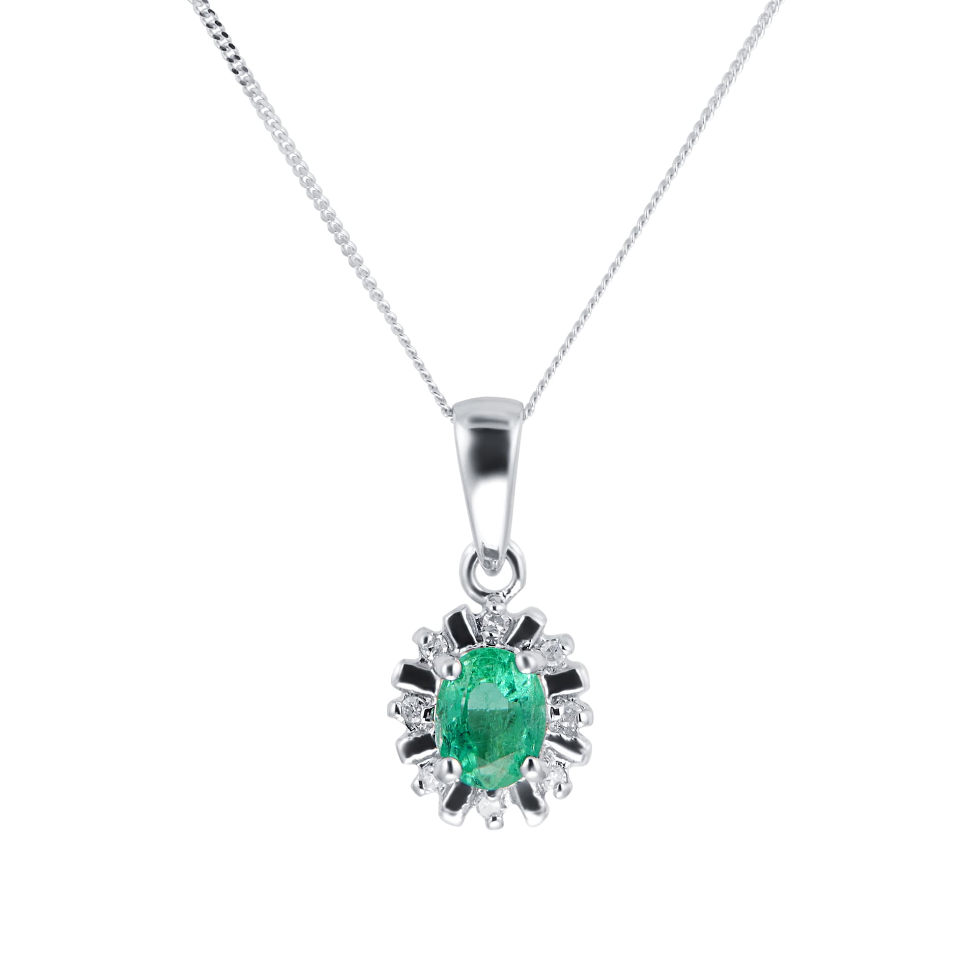 Goldsmiths 9ct White Gold Emerald & Diamond Pendant