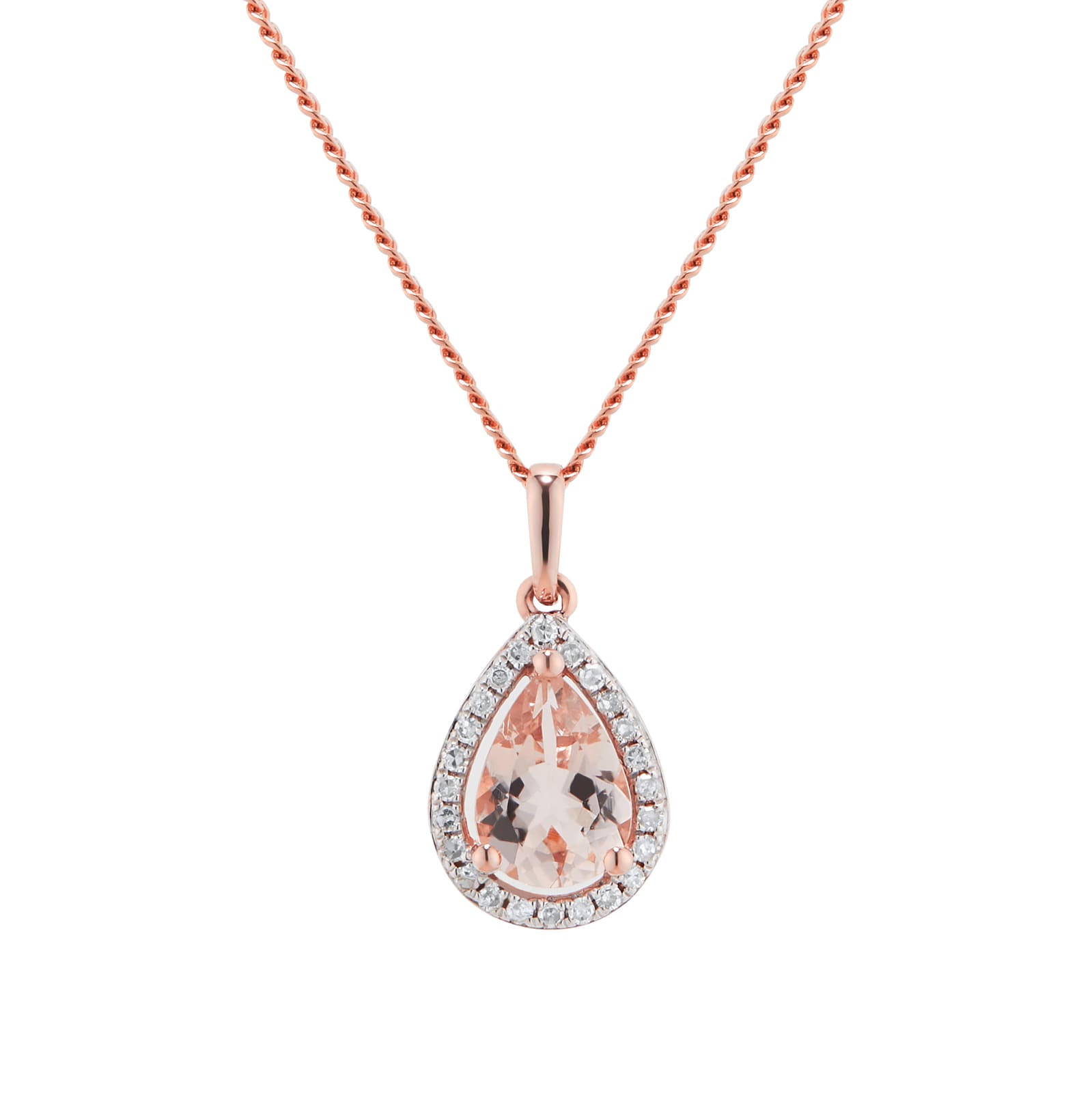 Goldsmiths 9ct Rose Gold Morganite & Diamond 0.07ct Pear Pendant