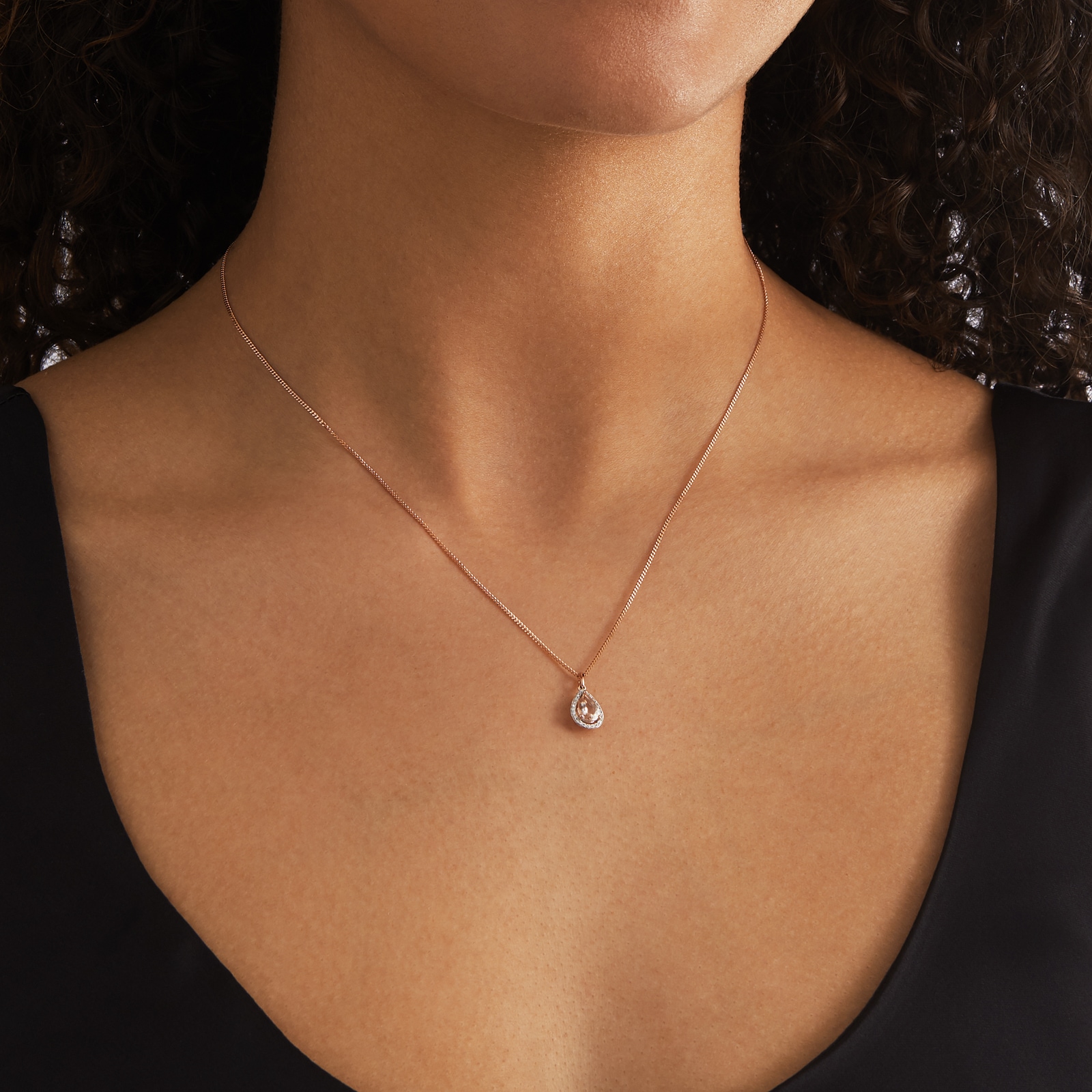 Goldsmiths 9ct Rose Gold Morganite & Diamond 0.07ct Pear Pendant Goldsmiths 9ct Rose Gold Morganite & Diamond 0.07ct Pear Pendant