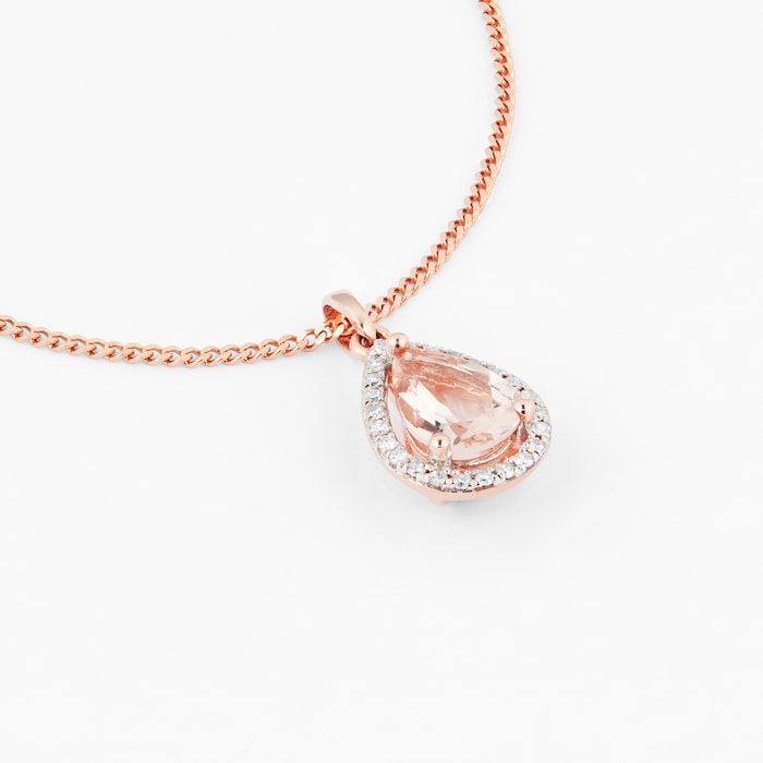 Goldsmiths 9ct Rose Gold Morganite & Diamond 0.07ct Pear Pendant