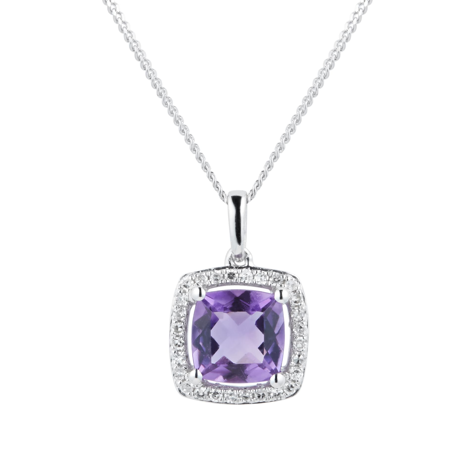 Goldsmiths 9ct White Gold Amethyst & Diamond 0.084ct Cushion Pendant Goldsmiths 9ct White Gold Amethyst & Diamond 0.084ct Cushion Pendant