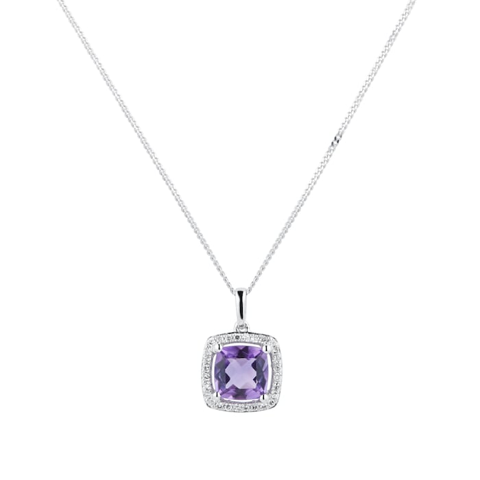 Goldsmiths 9ct White Gold Amethyst & Diamond 0.084ct Cushion Pendant