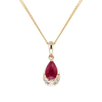 Goldsmiths 9ct Yellow Gold Pear Cut Ruby & Diamond Pendant