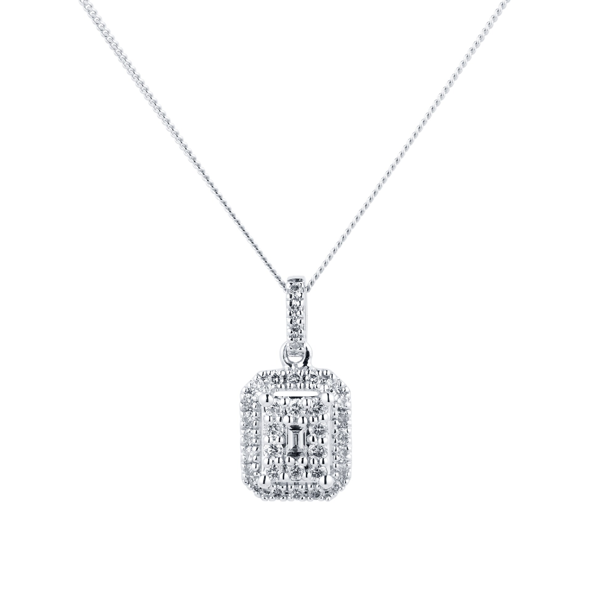 Goldsmiths 9ct White Gold 0.25cttw Diamond Emerald Shape Cluster Pendant