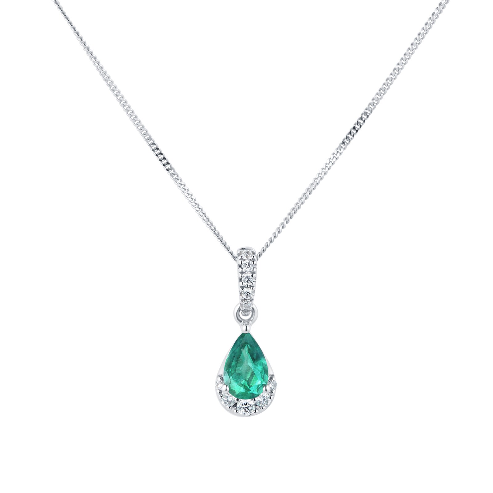 9ct White Gold Pear Cut Emerald & Diamond Pendant