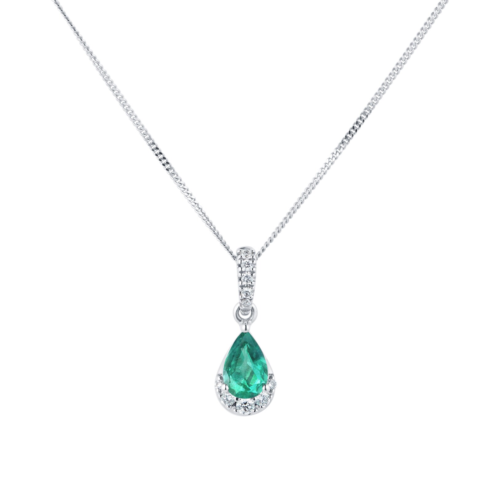 Goldsmiths 9ct White Gold Pear Cut Emerald & Diamond Pendant