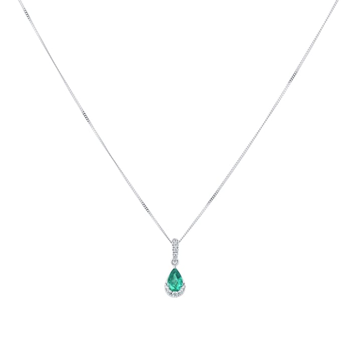 Goldsmiths 9ct White Gold Pear Cut Emerald & Diamond Pendant