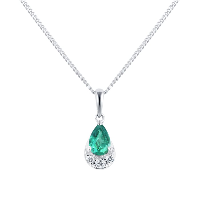 Goldsmiths 9ct White Gold Pear Cut Emerald & Diamond Pendant