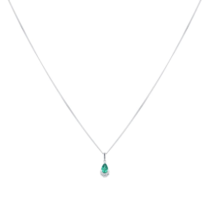 Goldsmiths 9ct White Gold Pear Cut Emerald & Diamond Pendant