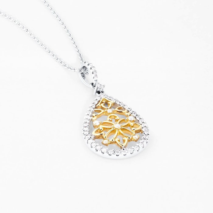 Mappin & Webb Floresco 18ct White & Yellow Gold 0.30ct Diamond Pear Filigree Pendant