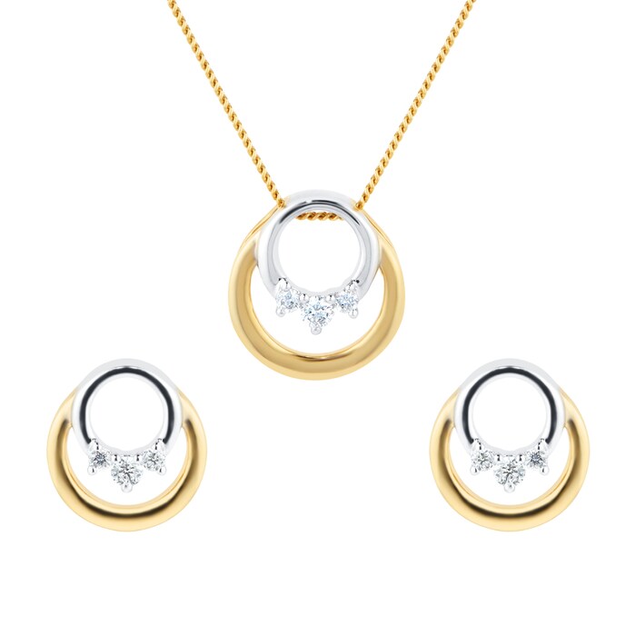 Goldsmiths 9ct Yellow Gold 0.08ct Diamond Open Circle Pendant & Earrings Set