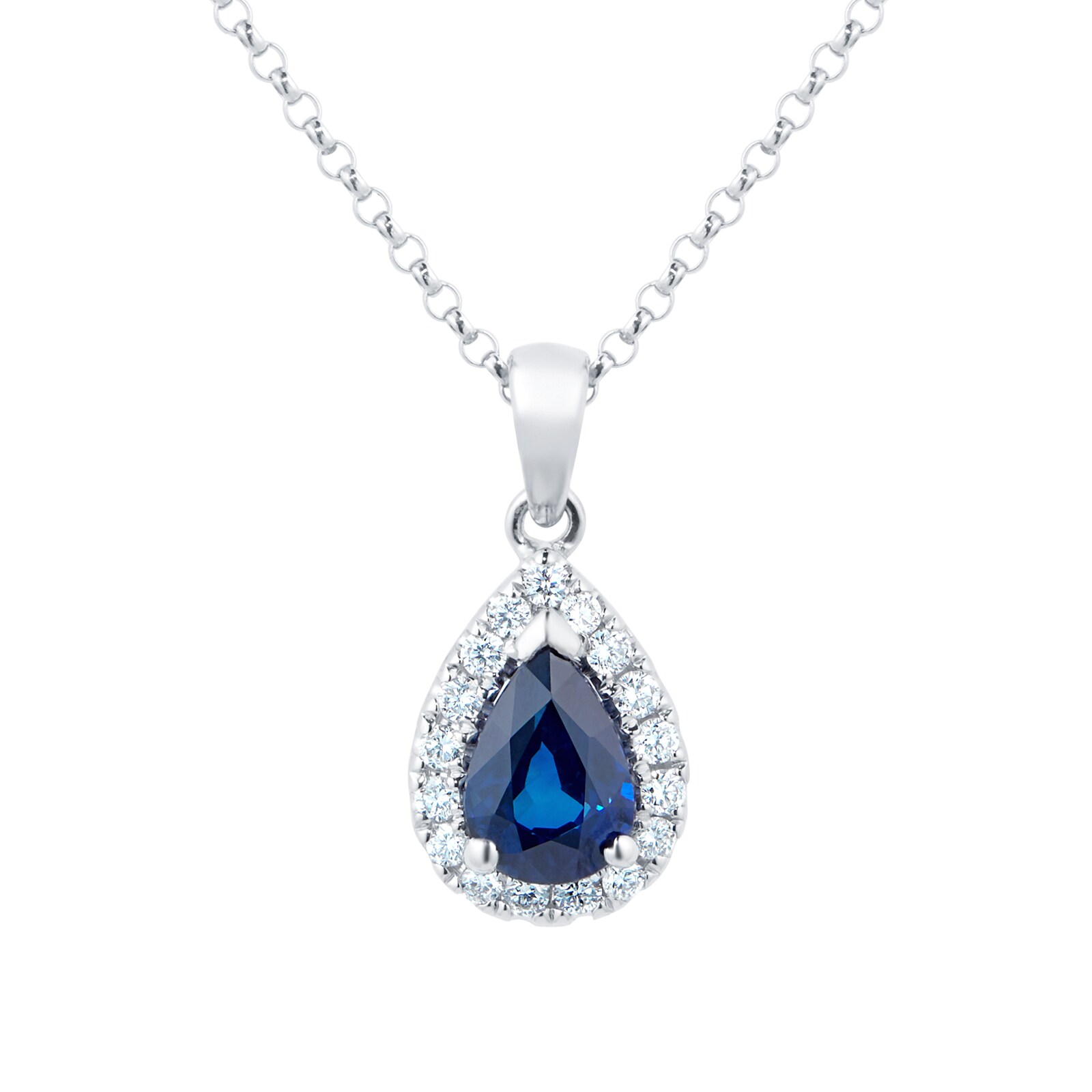 18ct White Gold Pear Sapphire & 0.16ct Diamond Halo Pendant