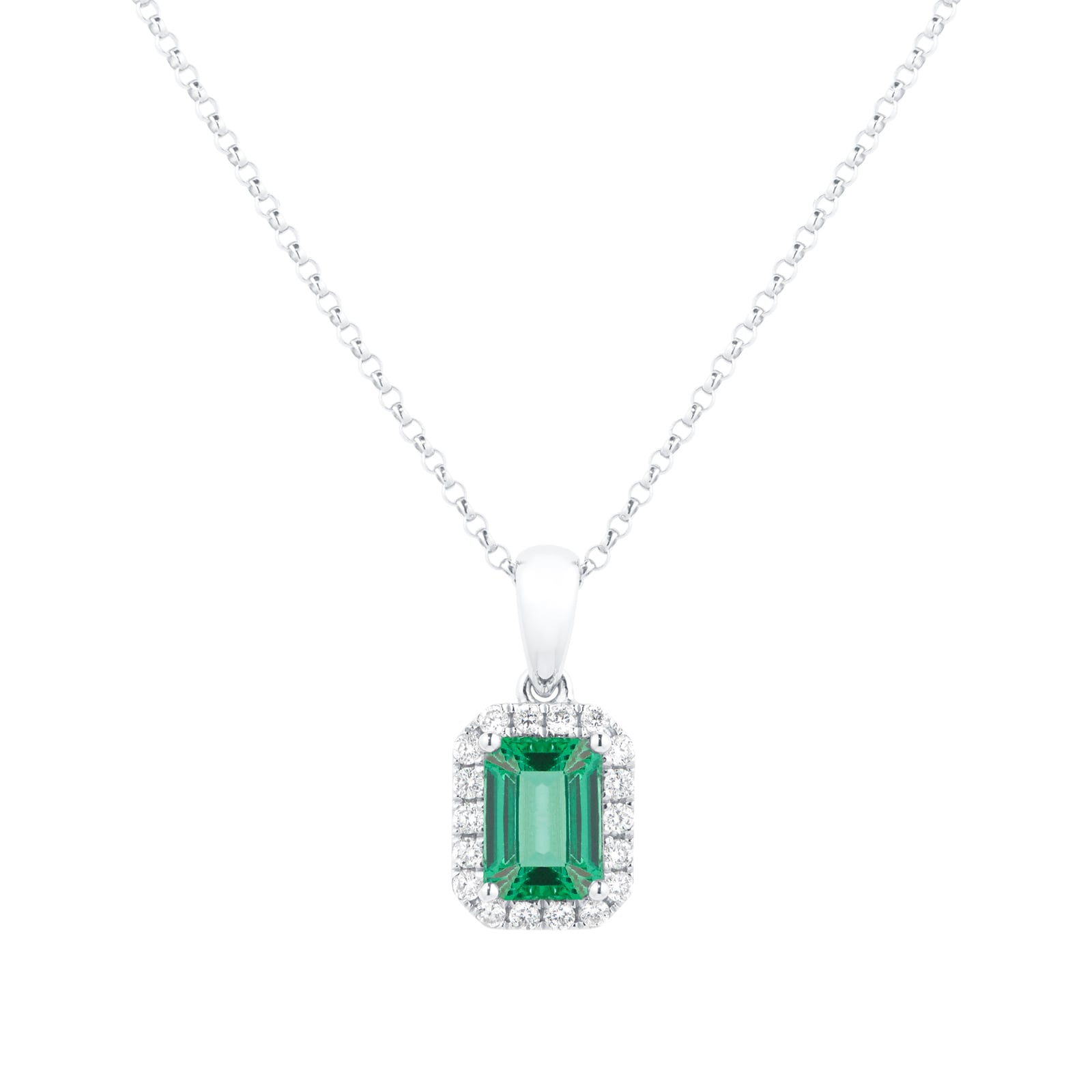 Amelia 18ct White Gold Emerald & Diamond Halo Pendant