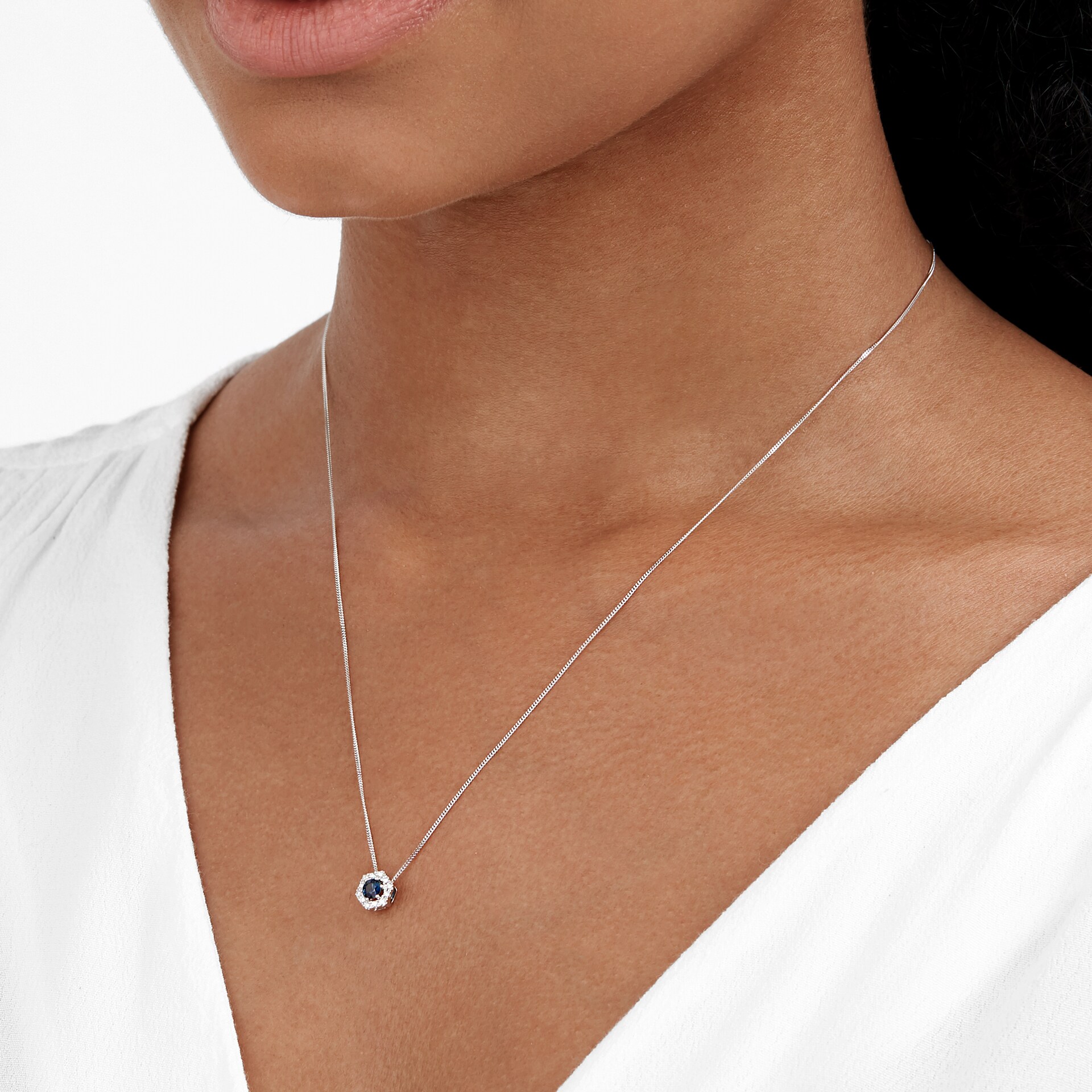 Goldsmiths 9ct White Gold Sapphire 0.06ct Hexagon Pendant