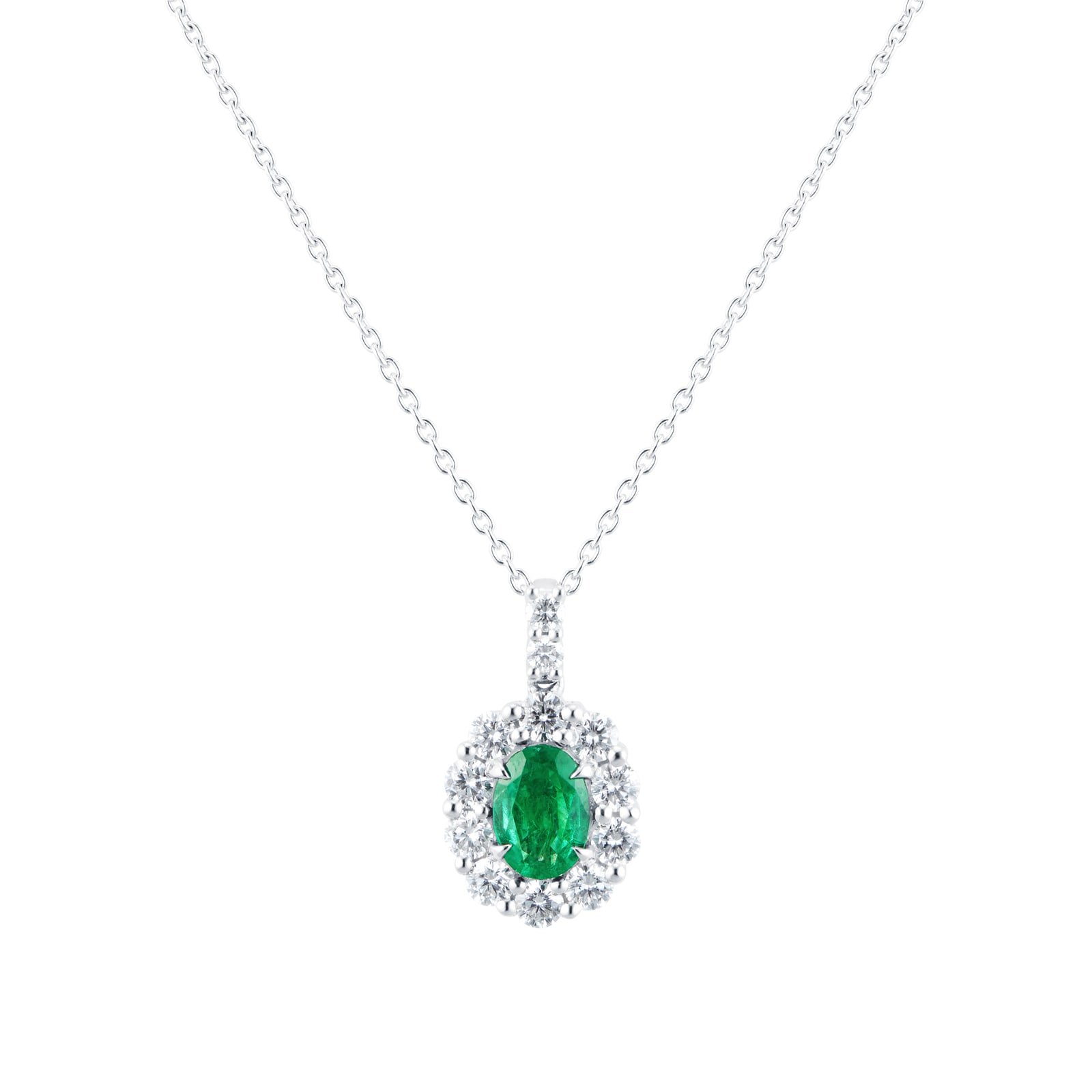 18c White Gold 0.67cttw Diamond and Emerald Cut Oval Pendant