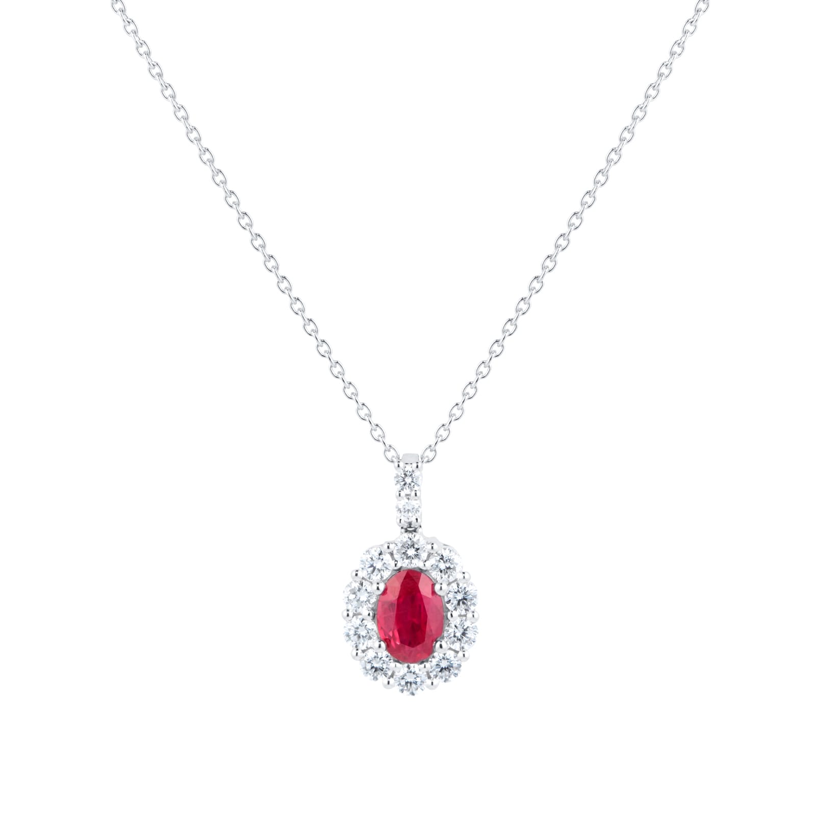 18ct White Gold 0.68cttw Diamond and Ruby Oval Halo Pendant