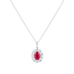12143470 - 18ct White Gold 0.68cttw Diamond and Ruby Oval Halo Pendant