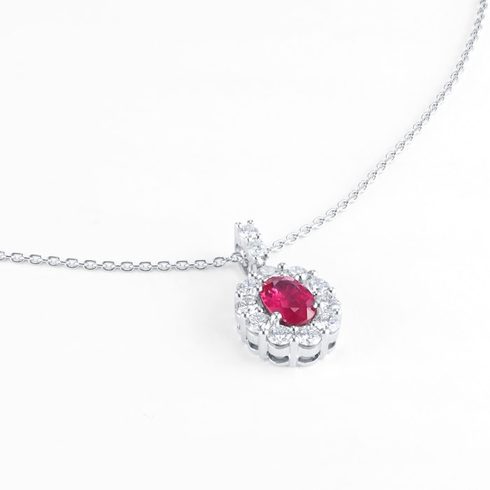 Mappin & Webb 18ct White Gold 0.68cttw Diamond and Ruby Oval Halo Pendant