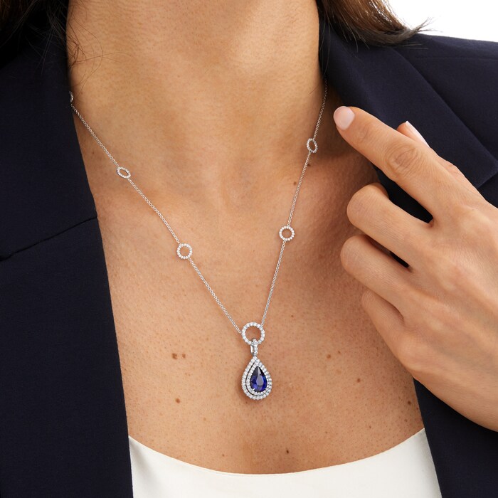 Mappin & Webb 18ct White Gold Pear Cut Double Halo Sapphire Pendant