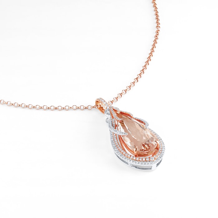 Mappin & Webb 18ct Rose Gold 14.85ct Pear Cut Morganite & 1.15cttw Diamond Pendant