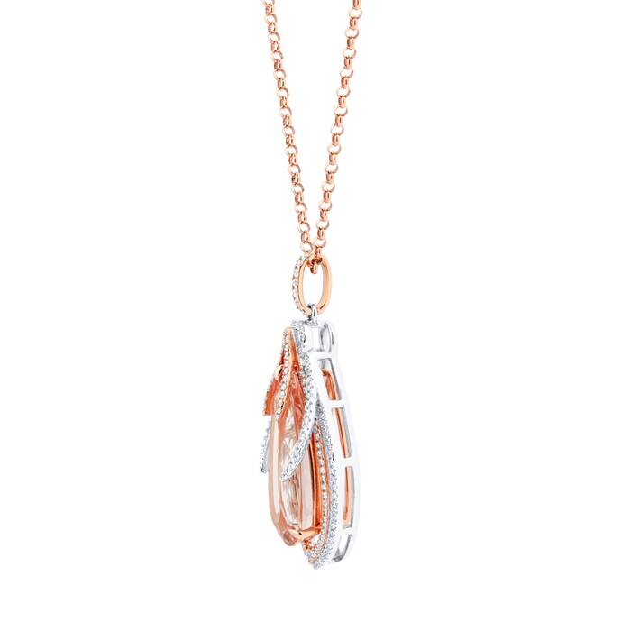 Mappin & Webb 18ct Rose Gold 14.85ct Pear Cut Morganite & 1.15cttw Diamond Pendant