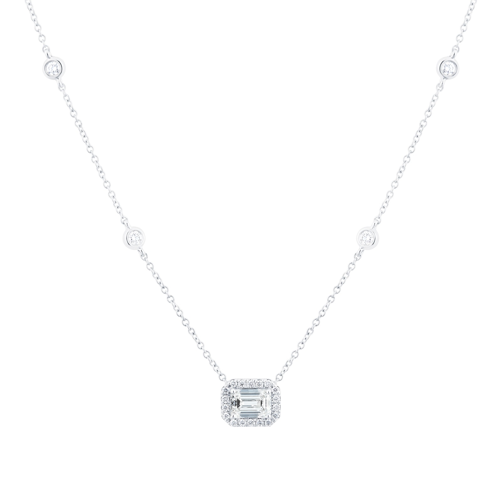 18ct White Gold 1.45cttw Emerald Cut Diamond Halo Pendant