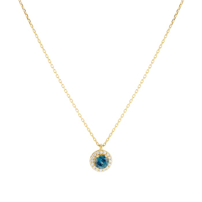 Goldsmiths 18ct Yellow Gold Teal Sapphire & 0.10ct Diamond Halo Pendant