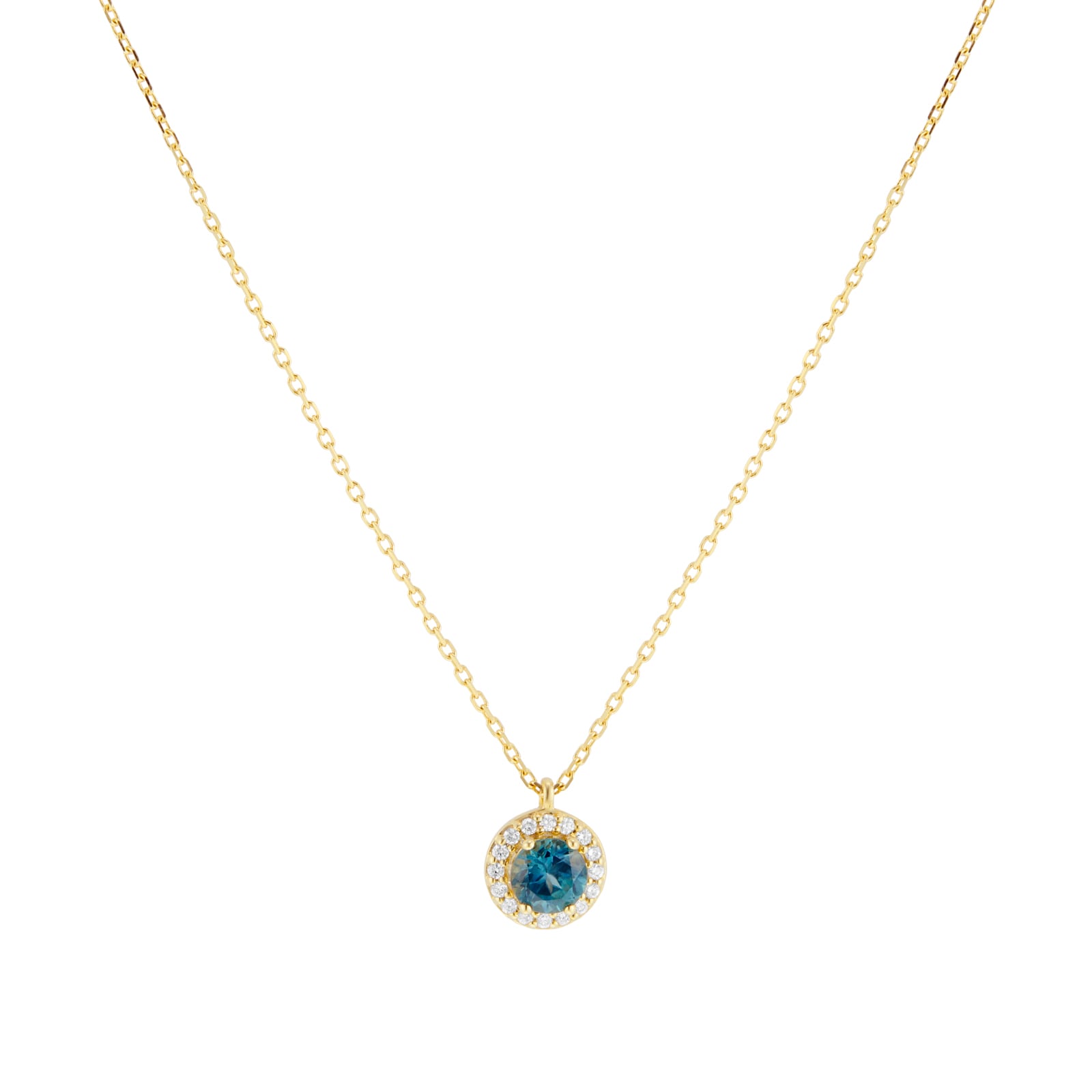 Goldsmiths 18ct Yellow Gold Teal Sapphire & 0.10ct Diamond Halo Pendant