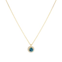 12143647 - 18ct Yellow Gold Teal Sapphire & 0.10ct Diamond Halo Pendant