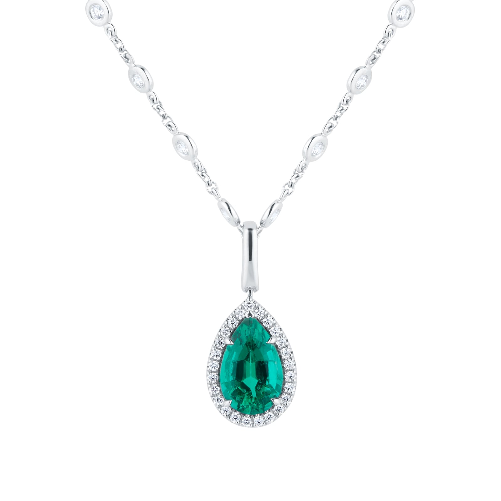 Platinum Pear Cut Emerald & 0.19cttw Diamond Pendant