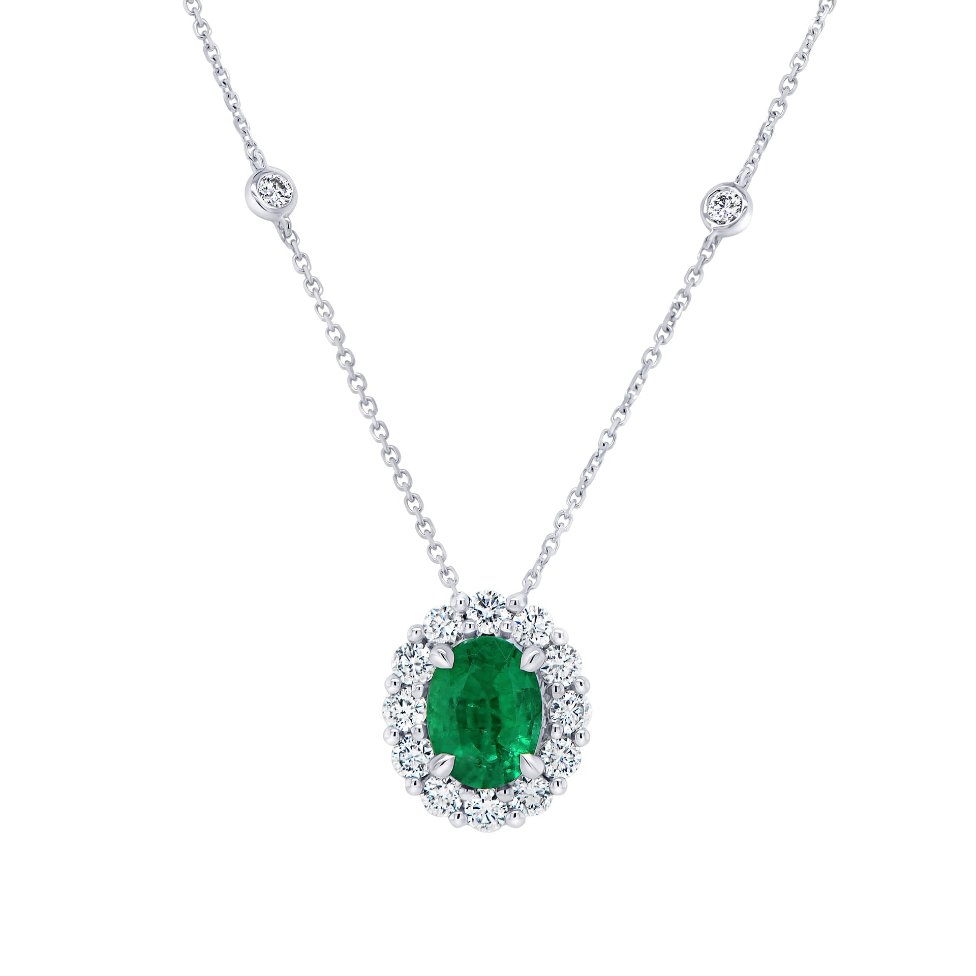 Mappin & Webb 18ct White Gold Oval Cut Emerald & 1.06cttw Diamond Pendant