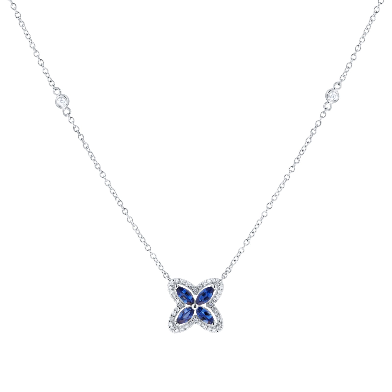 Goldsmiths 18ct White Gold Marquise Sapphire and 0.19cttw Diamond Floral Pendant Goldsmiths 18ct White Gold Marquise Sapphire and 0.19cttw Diamond Floral Pendant