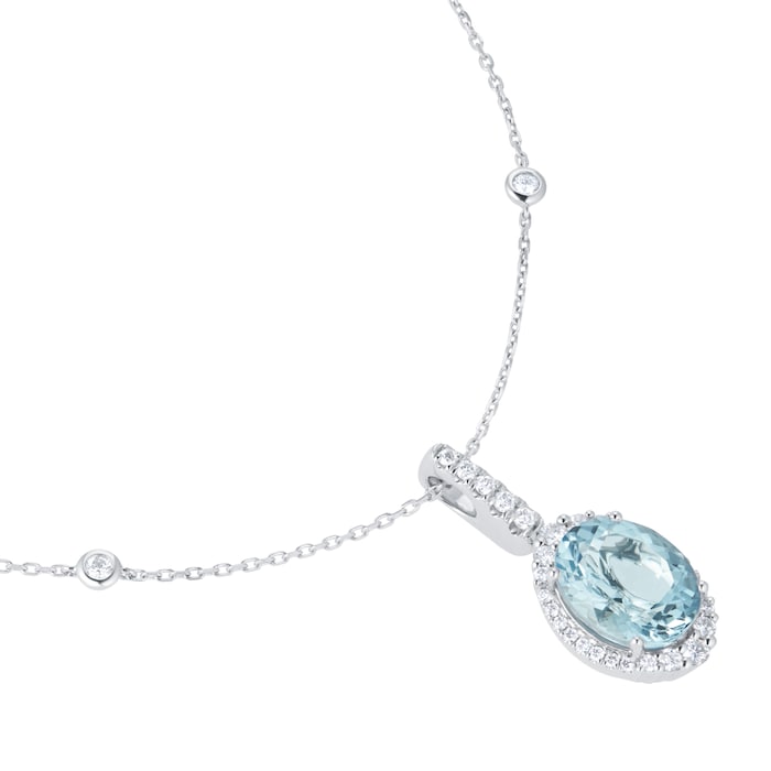 Goldsmiths 18ct White Gold Oval Cut Aquamarine and 0.33cttw Diamond Pendant