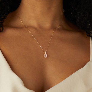 Goldsmiths 18ct Yellow Gold Emerald Cut Morganite and 0.04cttw Diamond Pendant