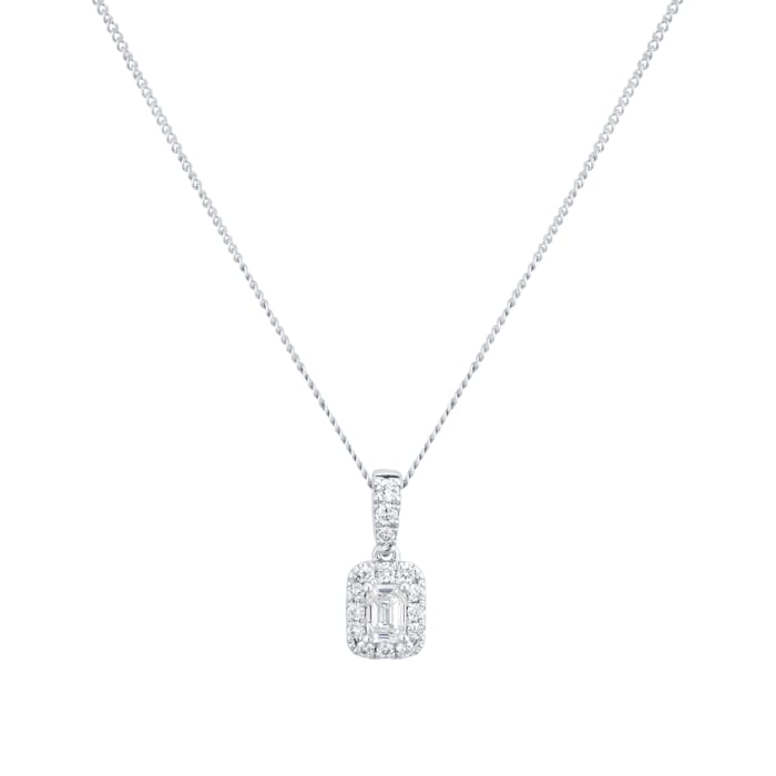 Goldsmiths 9ct White Gold 0.28cttw Emerald Cut Diamond Halo Pendant