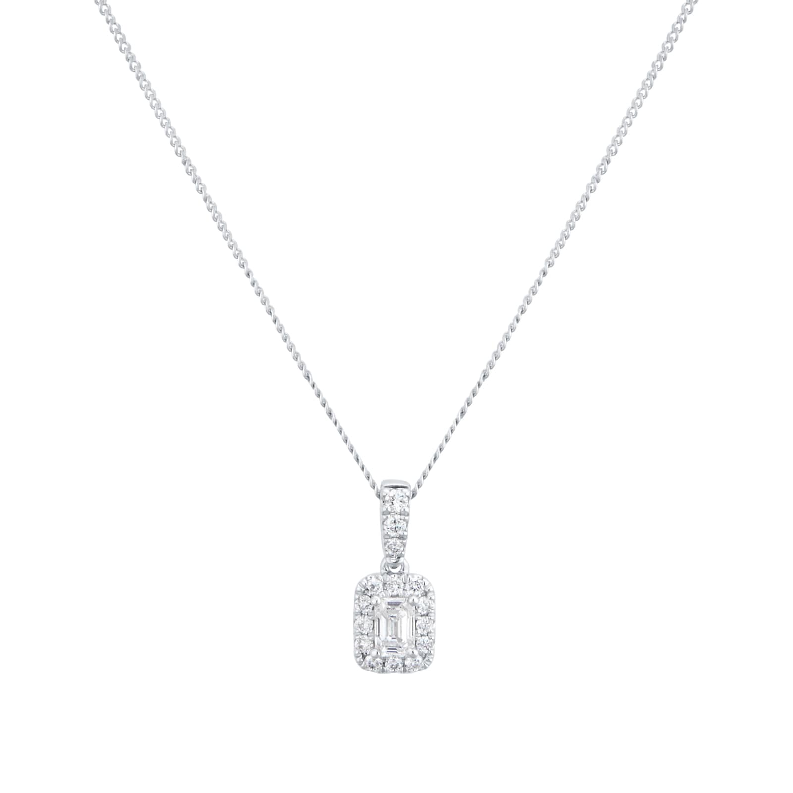 Goldsmiths 9ct White Gold 0.28cttw Emerald Cut Diamond Halo Pendant
